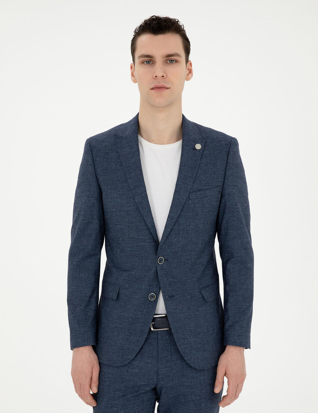 Lacivert Ex. Slim Fit Y_n Keten Kar___ml_ Tak_m Elbise