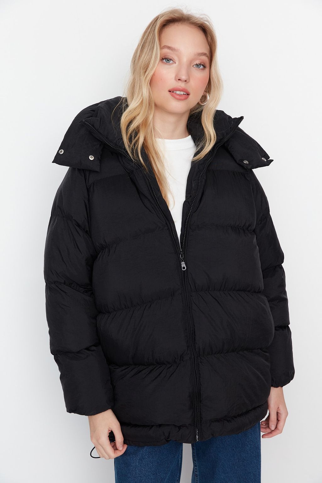 TRENDYOLMILLA Siyah Oversize Kapusonlu Su Itici Sisme Mont TWOAW23MO00193  фото 2