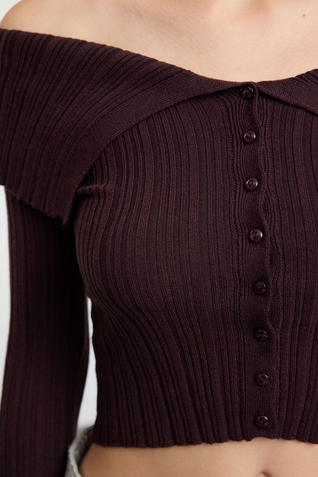 Koyu Kahverengi Crop Premium Iplik/Ozel Iplik Fitted/Vucudu Saran Triko H?rka TWOAW25HI00095