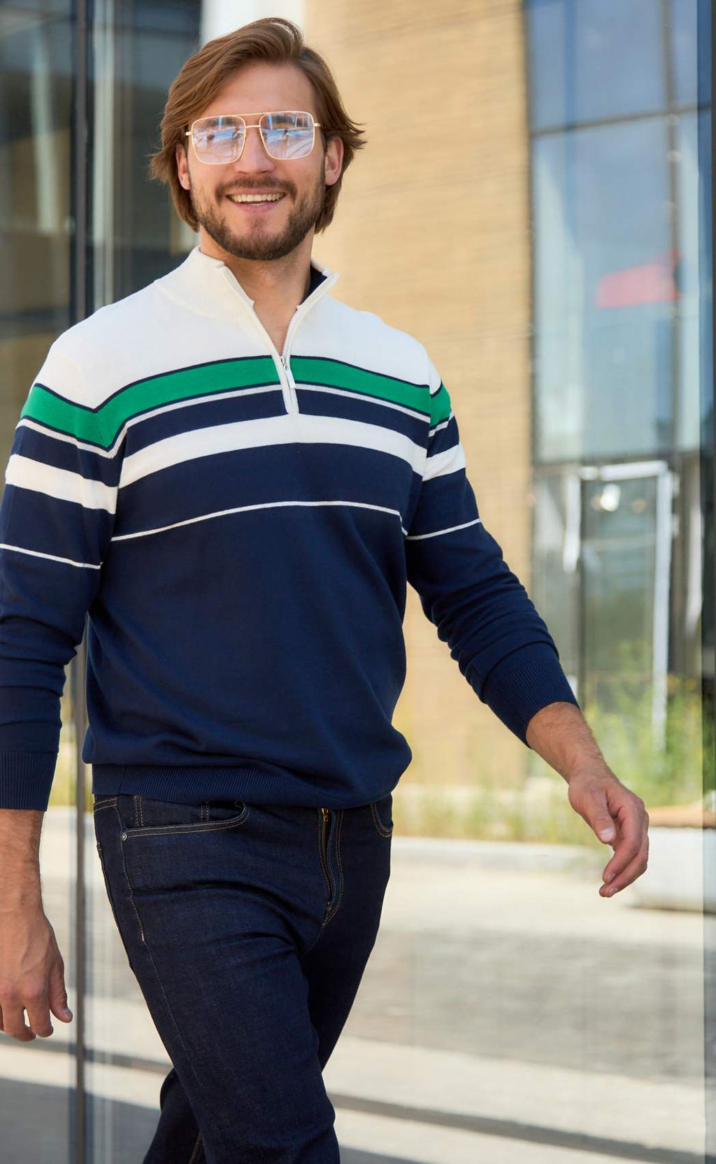 Джемпер мужской с воротом на молнии F221-15-1747 сине-зелёный