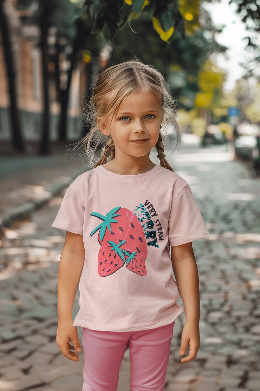 Pembe K?z Cocuk %100 Pamuk Cilek Desenli Regular/Normal Kal?p K?sa Kol Orme T-Shirt TKDSS24TS00007