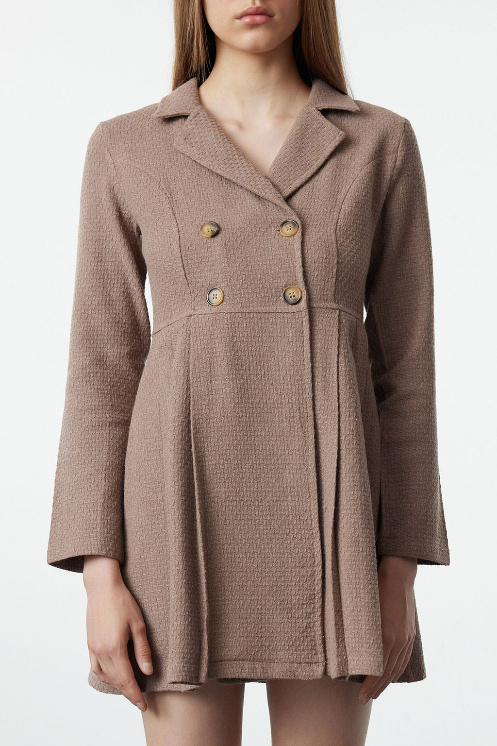 Kahverengi Pileli Dugmeli Mini Dokuma Elbise TWOAW24EL00338 - Trendyolmilla фото 4