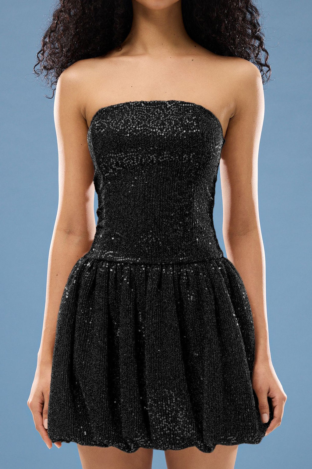 TRENDYOLMILLA Siyah Balon Etek Detayl? Payet Orme K?sa Elbise TPRSS25EL00119 фото 8