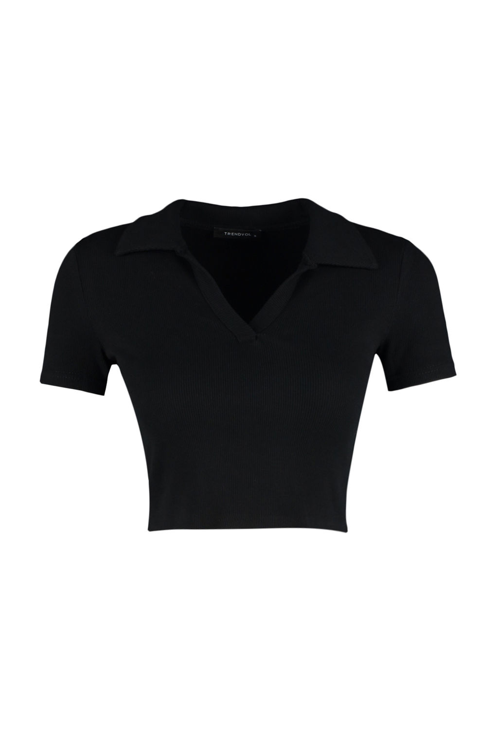 Siyah Fitted/Vucuda Oturan Crop Polo Yaka Fitilli Esnek Orme Bluz TWOSS21BZ0038