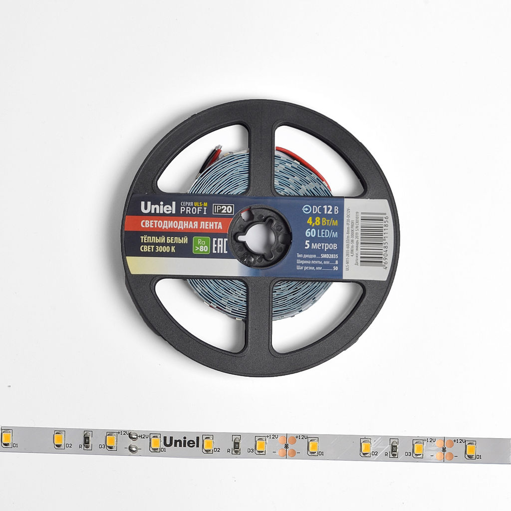 ULS-M11-2835-60LED/m-8mm-IP20-DC12V-4,8W/m-5M-3000K PROFI Гибкая светодиодная лента на самоклеящейся основе. Катушка 5м. в герметичной упаковке. Теплый белый свет(3000К). ТМ Uniel.