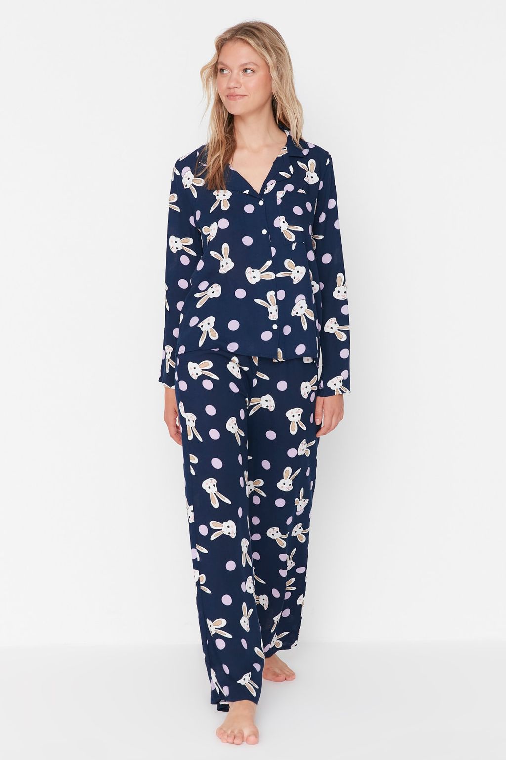 Trendyolmilla Cok Renkli Tavsan Desenli Viskon Dokuma Pijama Tak?m? THMAW21PT0048 фото 10