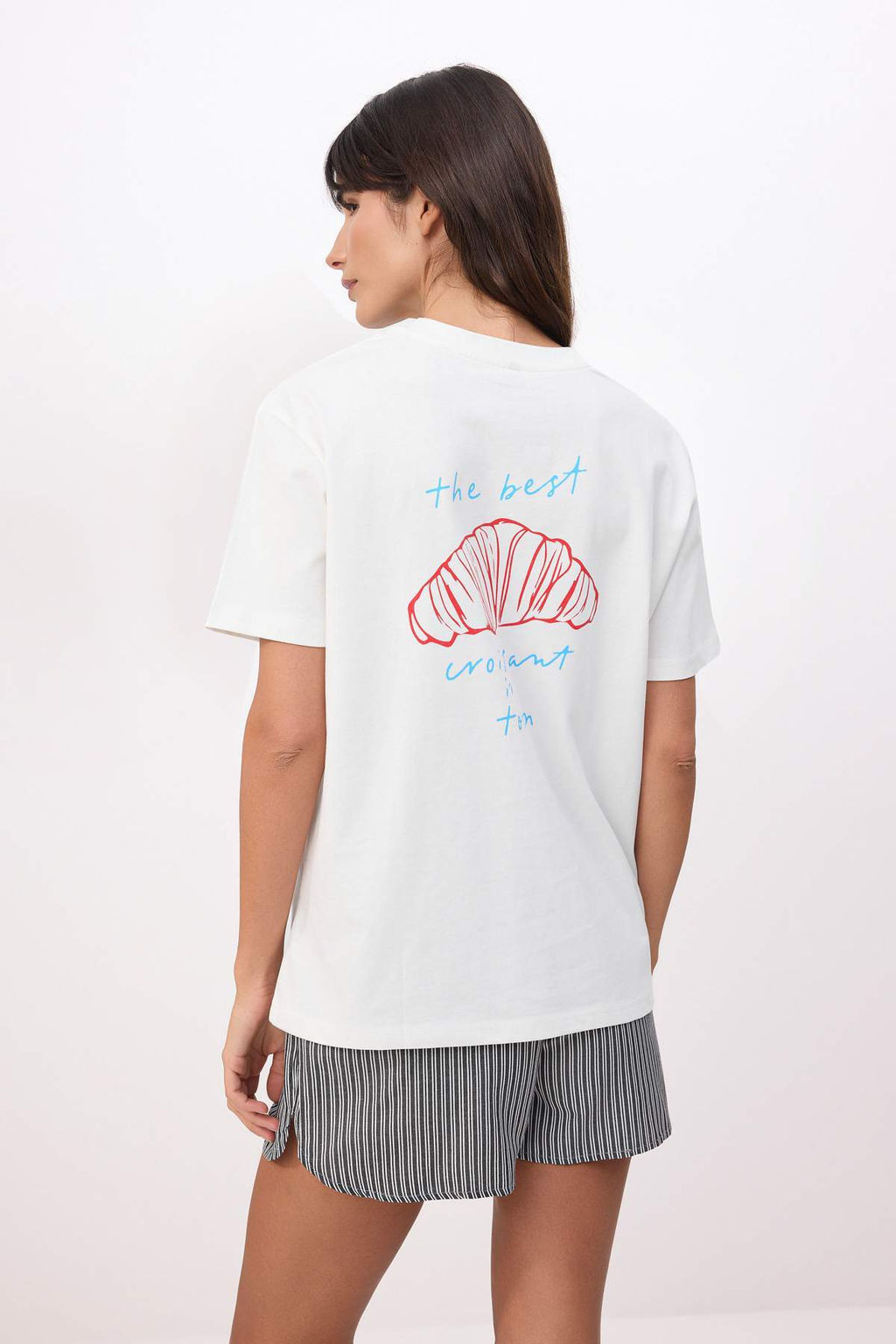 Ekru Bask?l? Oversize/Genis Kal?p K?sa Kollu %100 Pamuk Orme T-Shirt TWOSS26TS00116 - Trendyolmilla фото 4