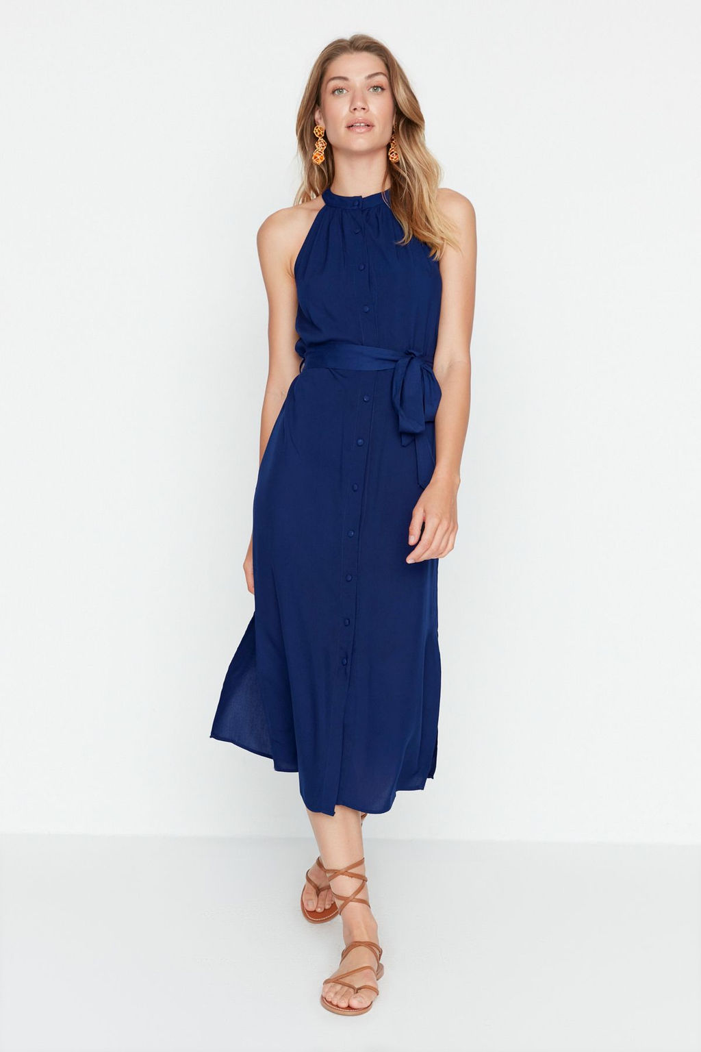 Lacivert Kusakl? Hakim Yaka Midi Dokuma Gomlek Elbise TWOSS19XM0112 - Trendyolmilla фото 4