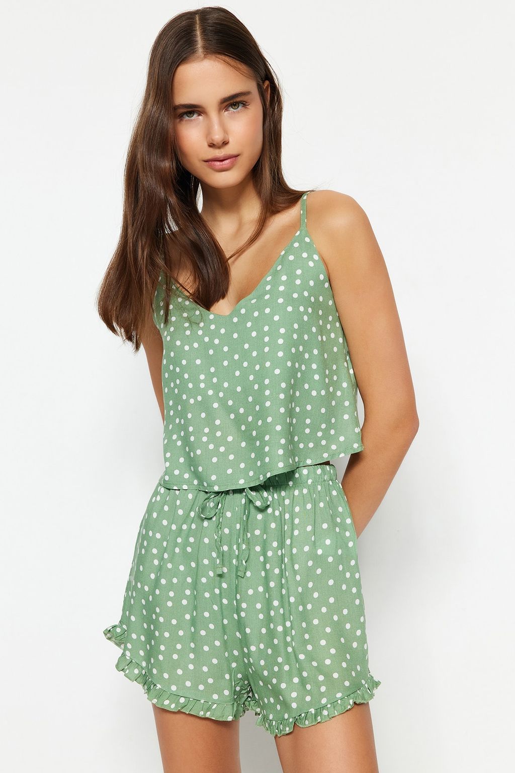 Trendyolmilla Beyaz Puantiyeli F?rf?r Detayl? Ip Ask?l? Viskon Sortlu Dokuma Pijama Tak?m? THMSS21PT0742 фото 3