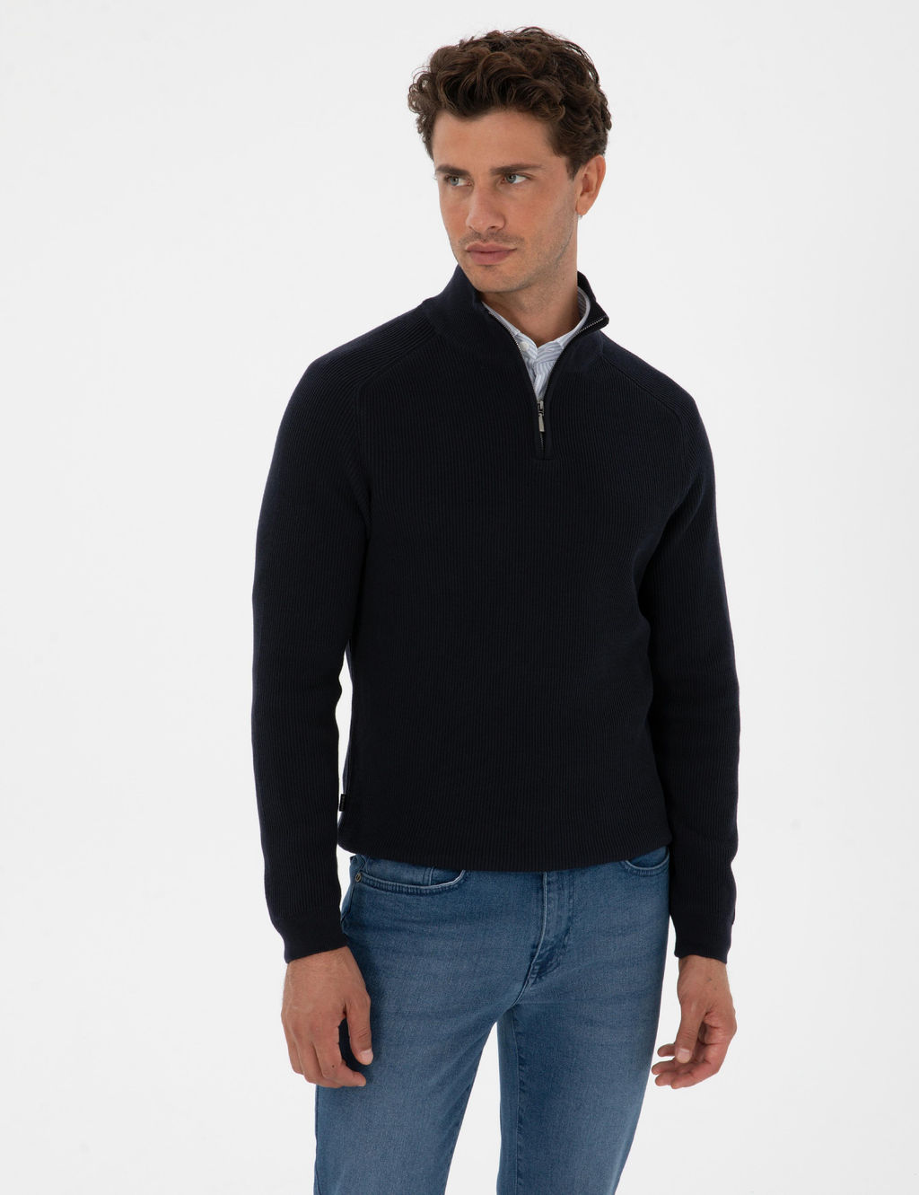 Lacivert Slim Fit Dik Yaka Fermuarl_ Triko Kazak - Pierre cardin фото 3
