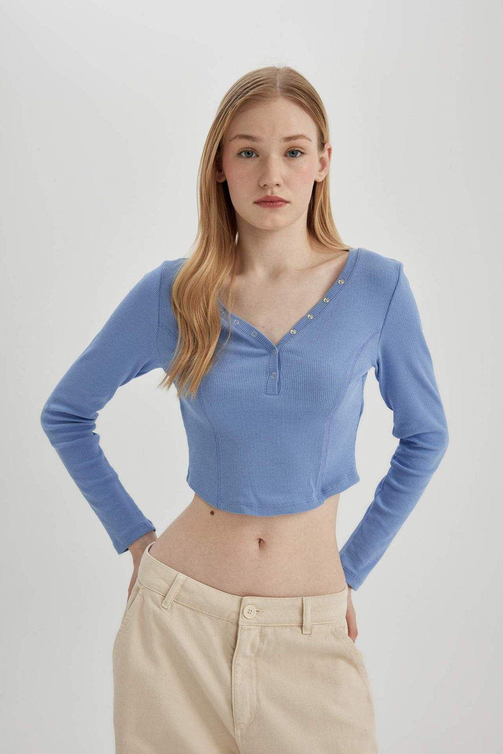 Coool Fitted V Yaka Crop Fitilli Kaskorse Uzun Kollu Tisort - Defacto фото 2