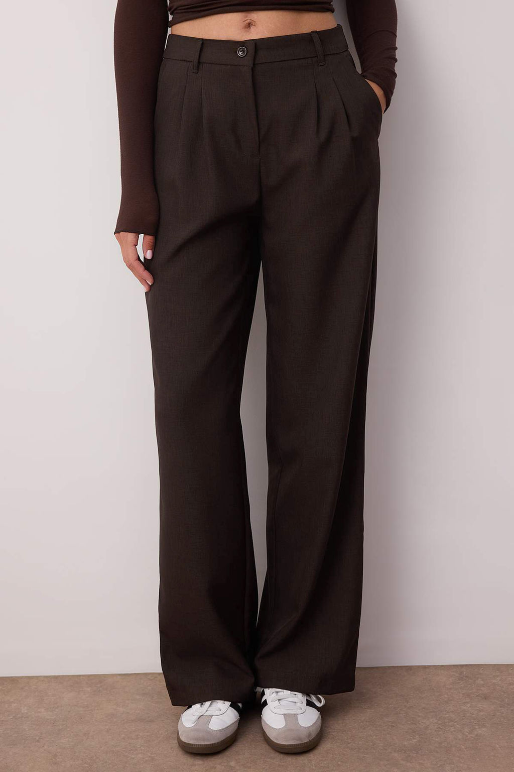 Koyu Kahverengi Wide Leg/Genis Paca Palazzo Pilili Dokuma Kumas Pantolon TWOAW22PL0475