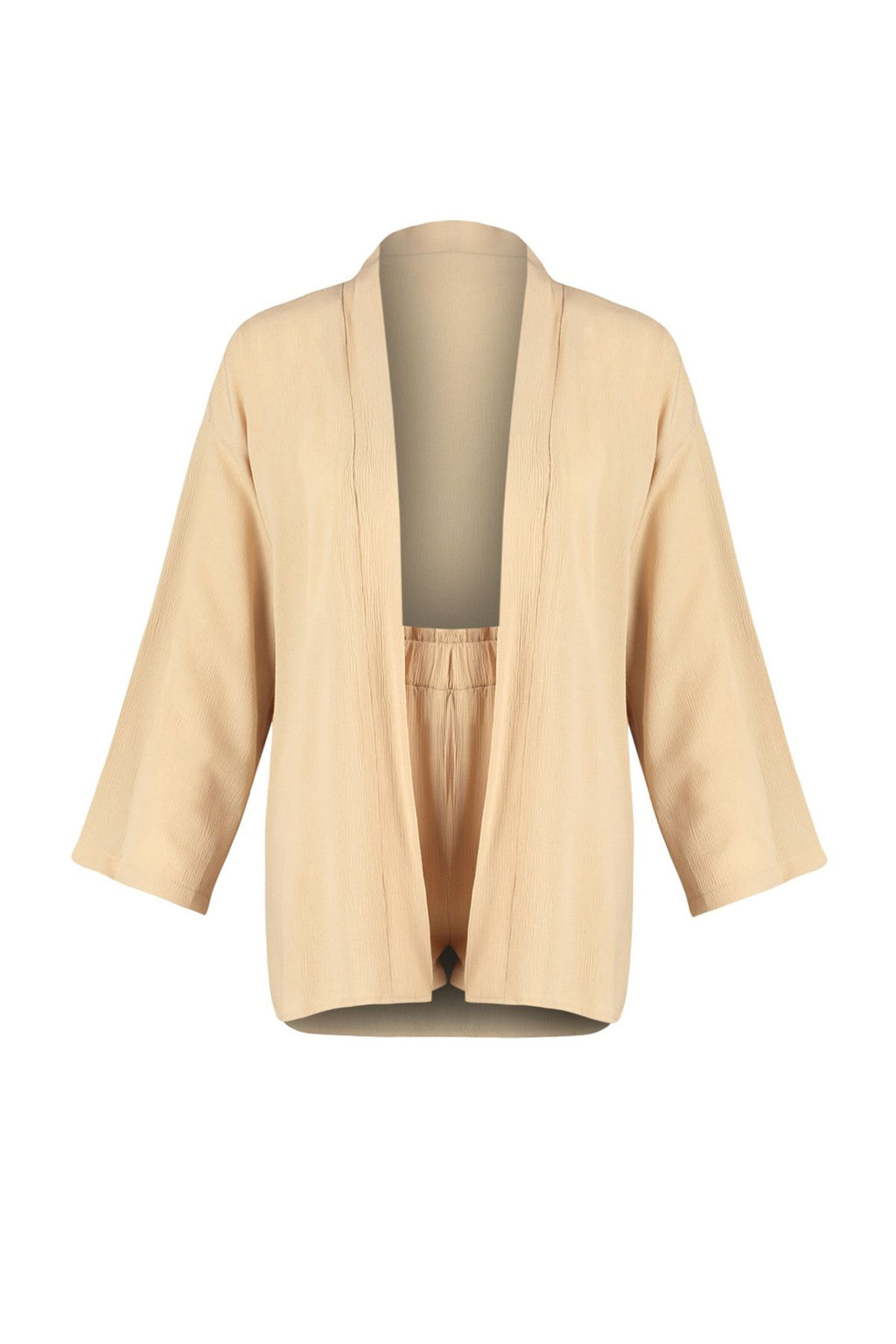 Plaj Giyim Bej Dokuma Yuksek Bel Mini Kimono-Sort Tak?m TBESS23AU00089