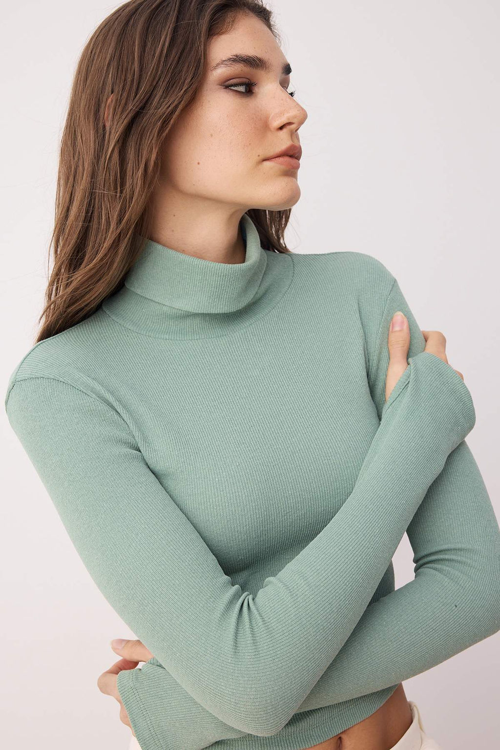 Koyu Mint Fitted/Vucuda Oturan Bal?kc? Yaka Parmak Detayl? Fitilli Esnek Orme Bluz TWOAW21BZ0071