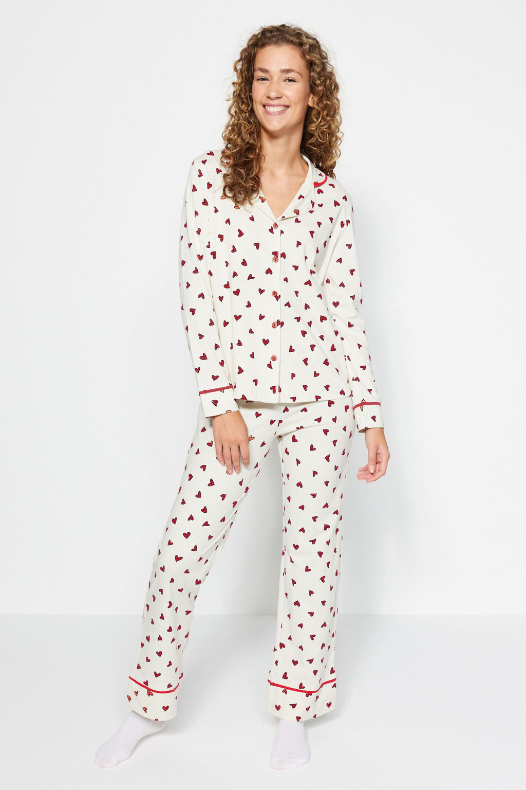 Trendyolmilla Lacivert %100 Pamuklu Kalpli Biyeli Orme Pijama Tak?m? THMAW24PT00103