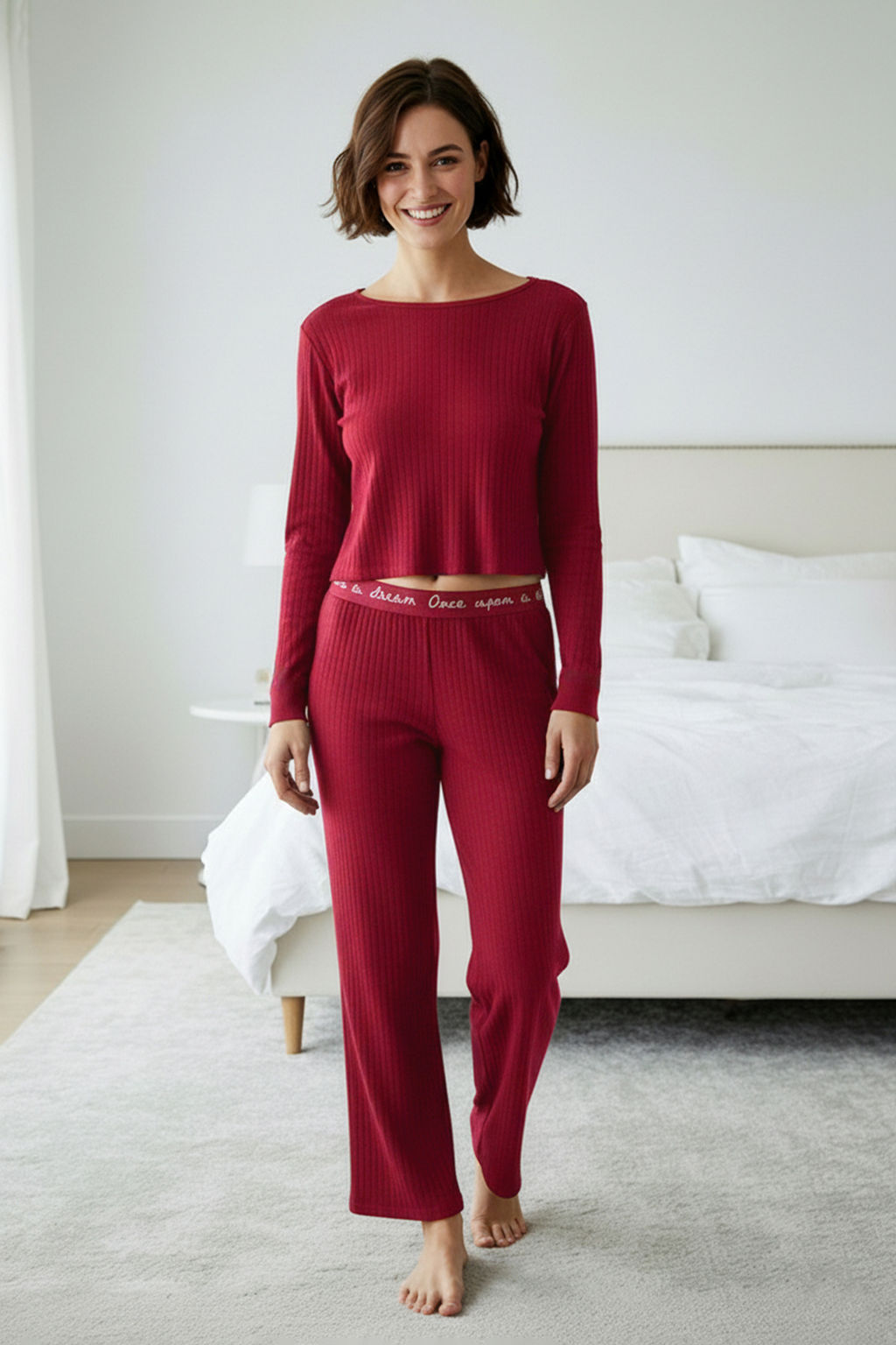 Bordo Slogan Lastik Detayl? Fitilli Orme Pijama Tak?m? THMAW21PT0269