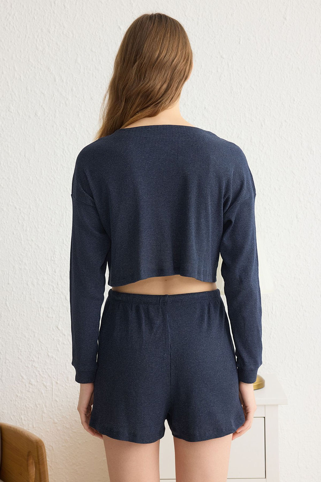 Trendyolmilla Bej Slogan Nak?sl? Fitilli Sortlu Orme Pijama Tak?m? THMAW22PT0229  фото 6