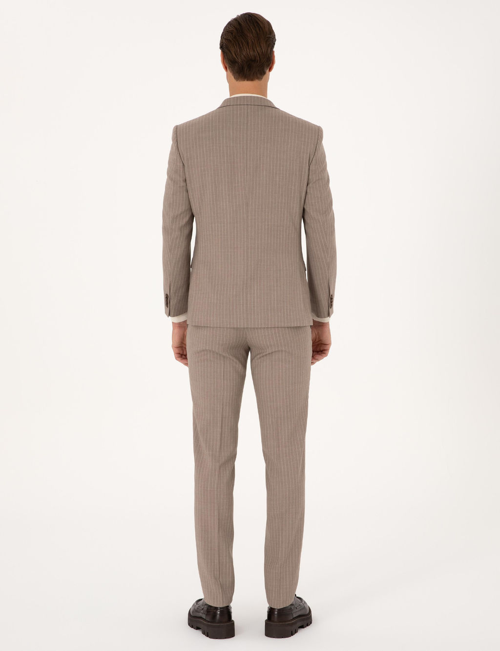 Bej Ex. Slim Fit Y_n Kar___ml_ _izgili Tak_m Elbise