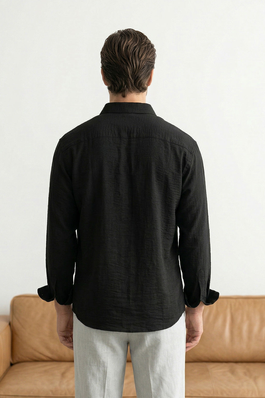 Krem Keten Dokulu Uzun Kollu Yar? Oversize Erkek Gomlek TMNSS26GO00036 - Trendyolmilla фото 4