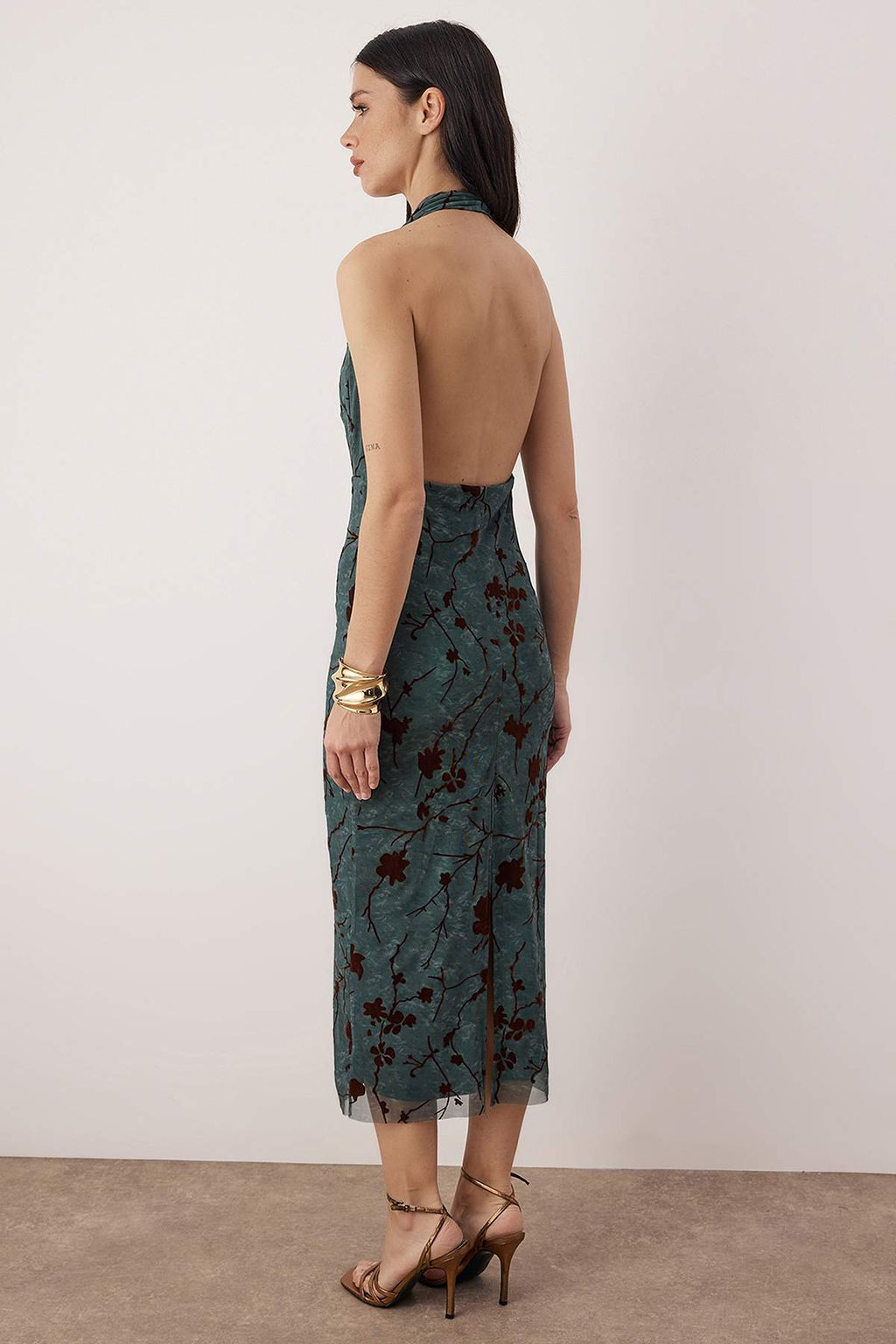 Zumrut Yesili Cicekli Tul Orme Astarl? Midi S?k Elbise TPRAW26EL00140 - Trendyolmilla фото 6