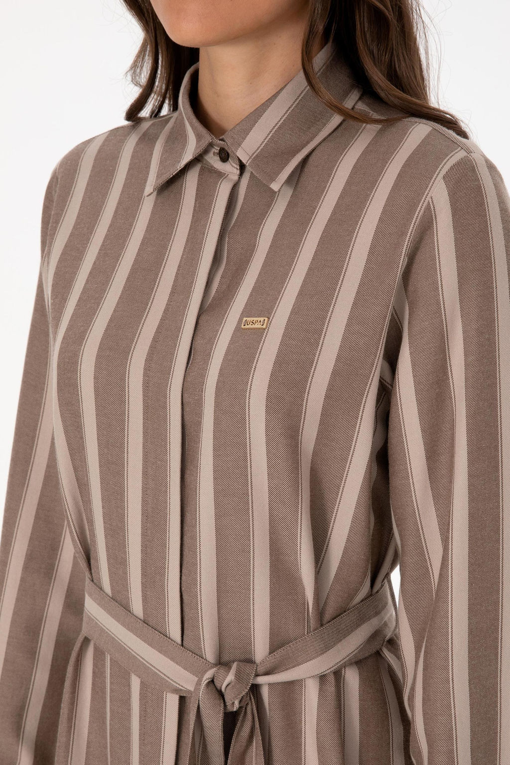 Kad_n Kahverengi _izgili Kemerli Dokuma Elbise - U.s. polo assn фото 6