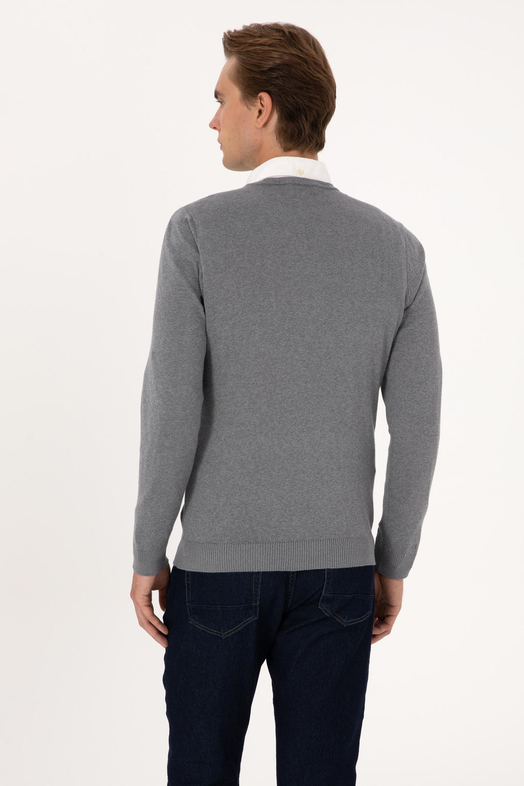 Erkek Slim Fit V Yaka Gri Melanj Basic Kazak