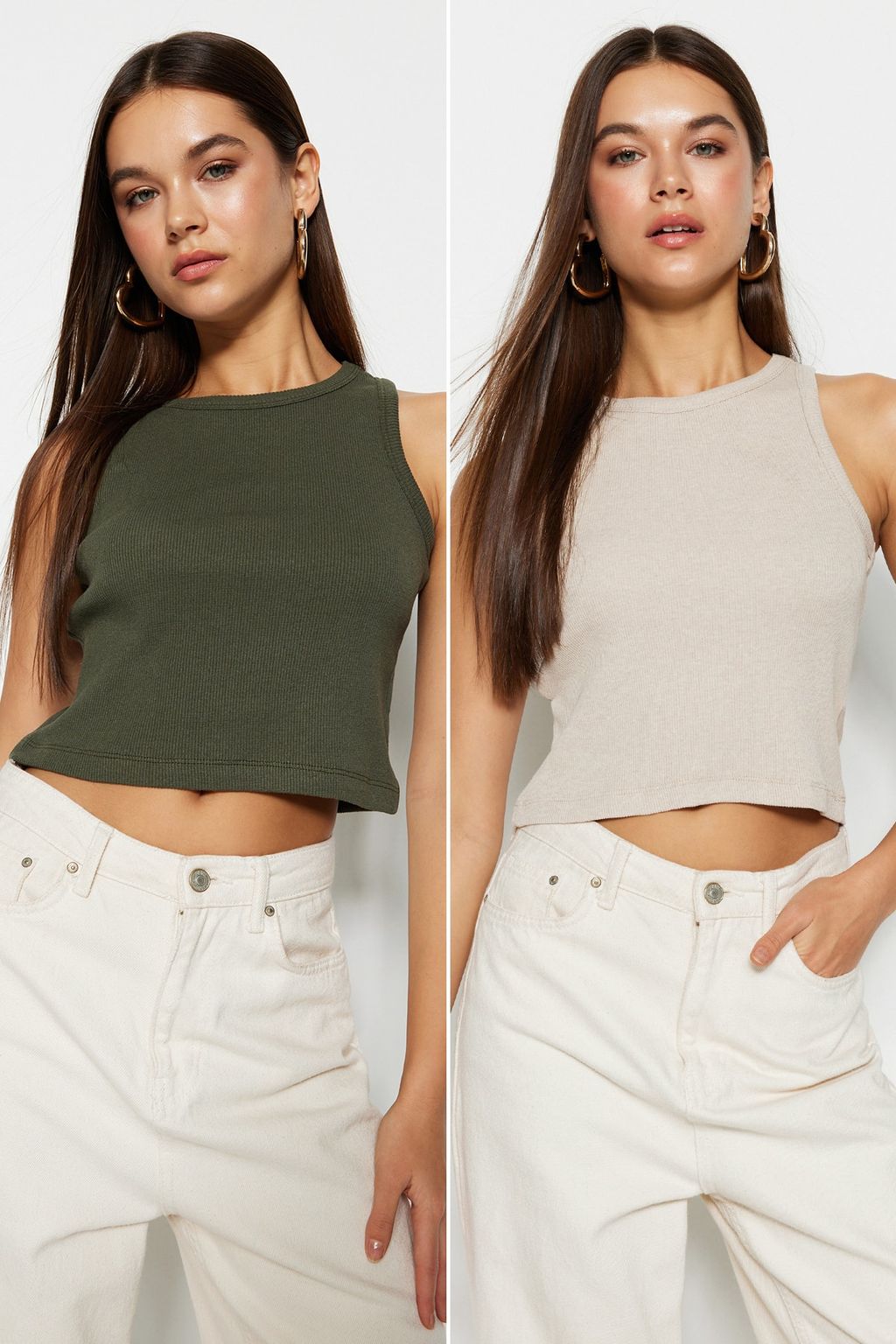 Haki-Bej 2li Paket Fitted/Vucuda Oturan Crop Halter Yaka Fitilli Esnek Orme Atlet TWOSS21AL0058