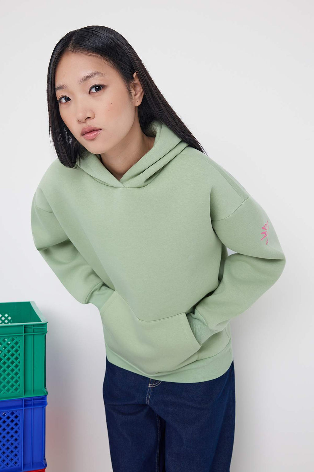 Teen Mint Oversize/Genis Kal?p S?rt Bask?l? Kal?n Ici Polarl? Orme Sweatshirt TWOAW26SW00109