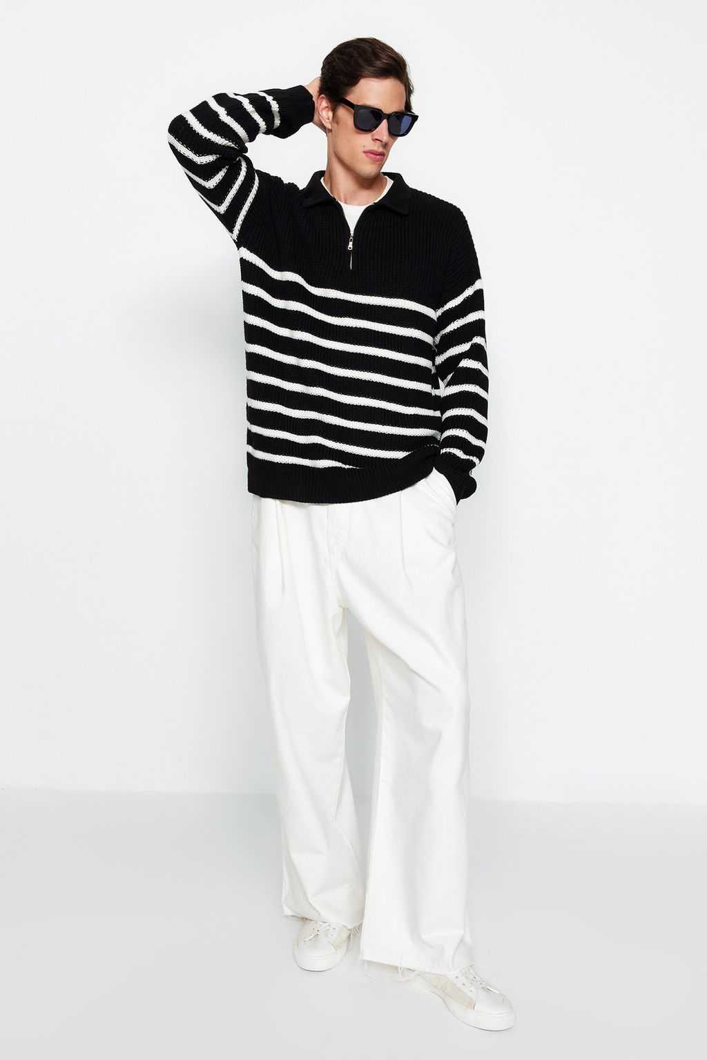 TRENDYOL MAN Vizon Casual Oversize Polo Yaka Cizgili Triko Kazak TMNAW24KZ00018 - Trendyolmilla фото 13