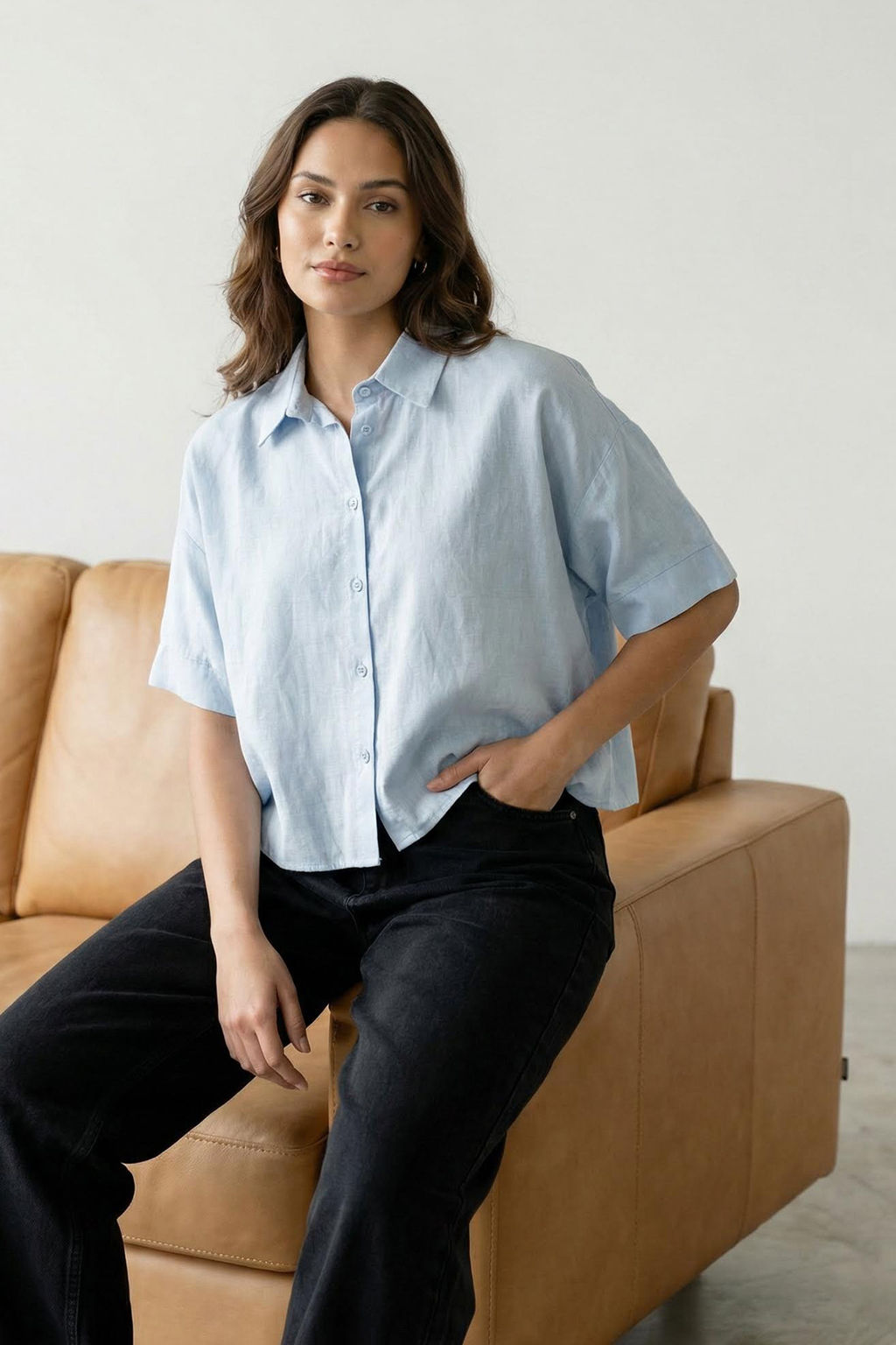TRENDYOLMILLA Mavi K?sa Kollu Dusuk Kol Oversize Gomlek TWOSS25GO00055  фото 7