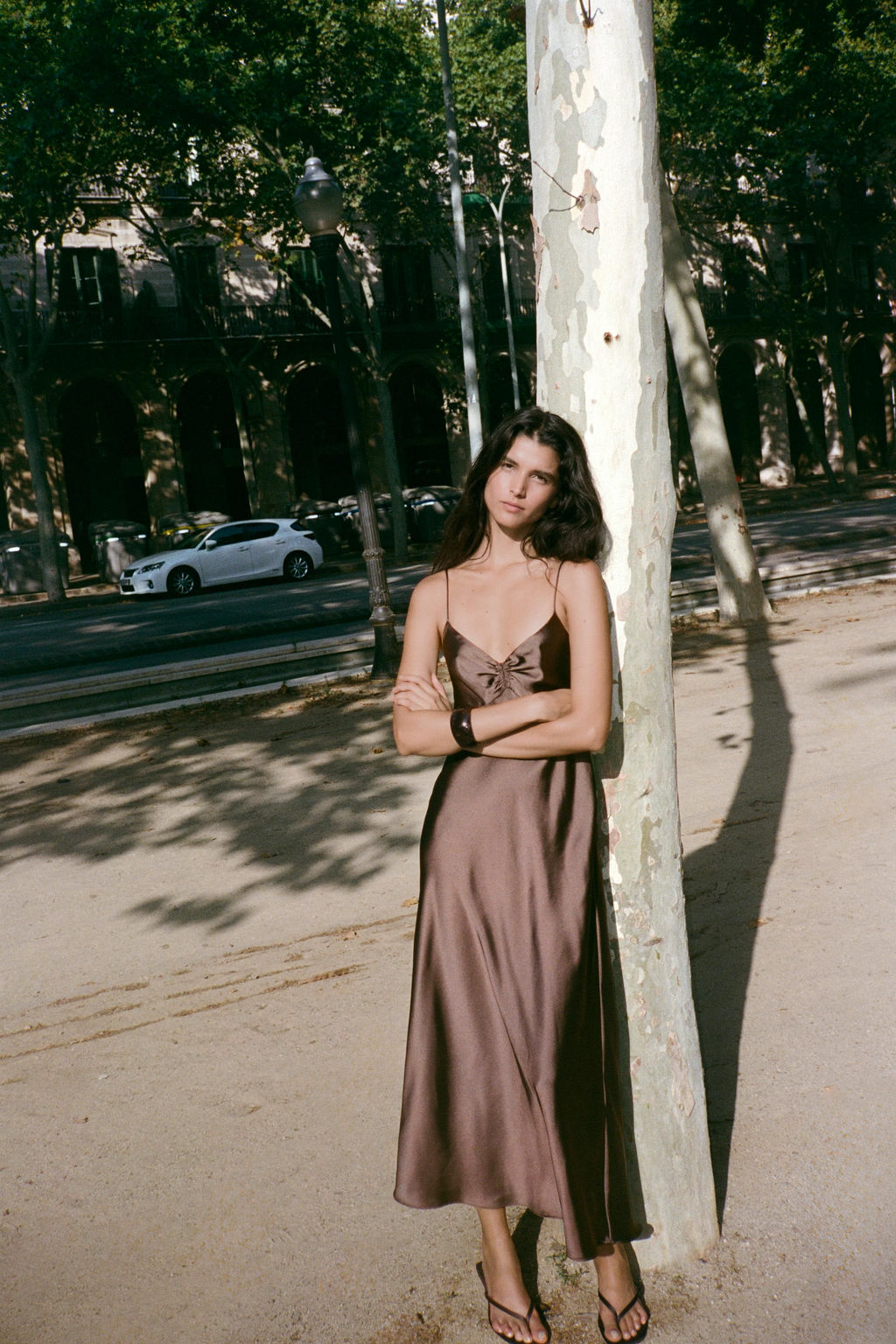 GATHERED SATIN MIDI DRESS