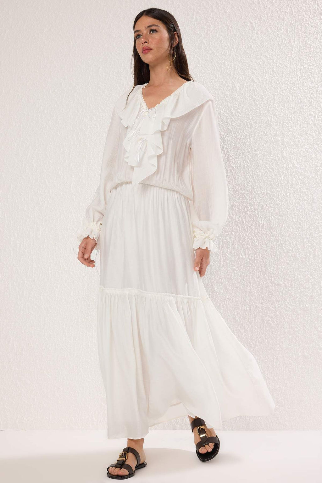 Ekru Beli Lastikli F?rf?rl? Boho Maxi Dokuma Elbise TWOSS25EL00864