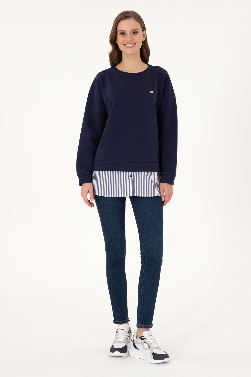 Kad_n Lacivert G_mlek Detayl_ Bisiklet Yaka Sweatshirt