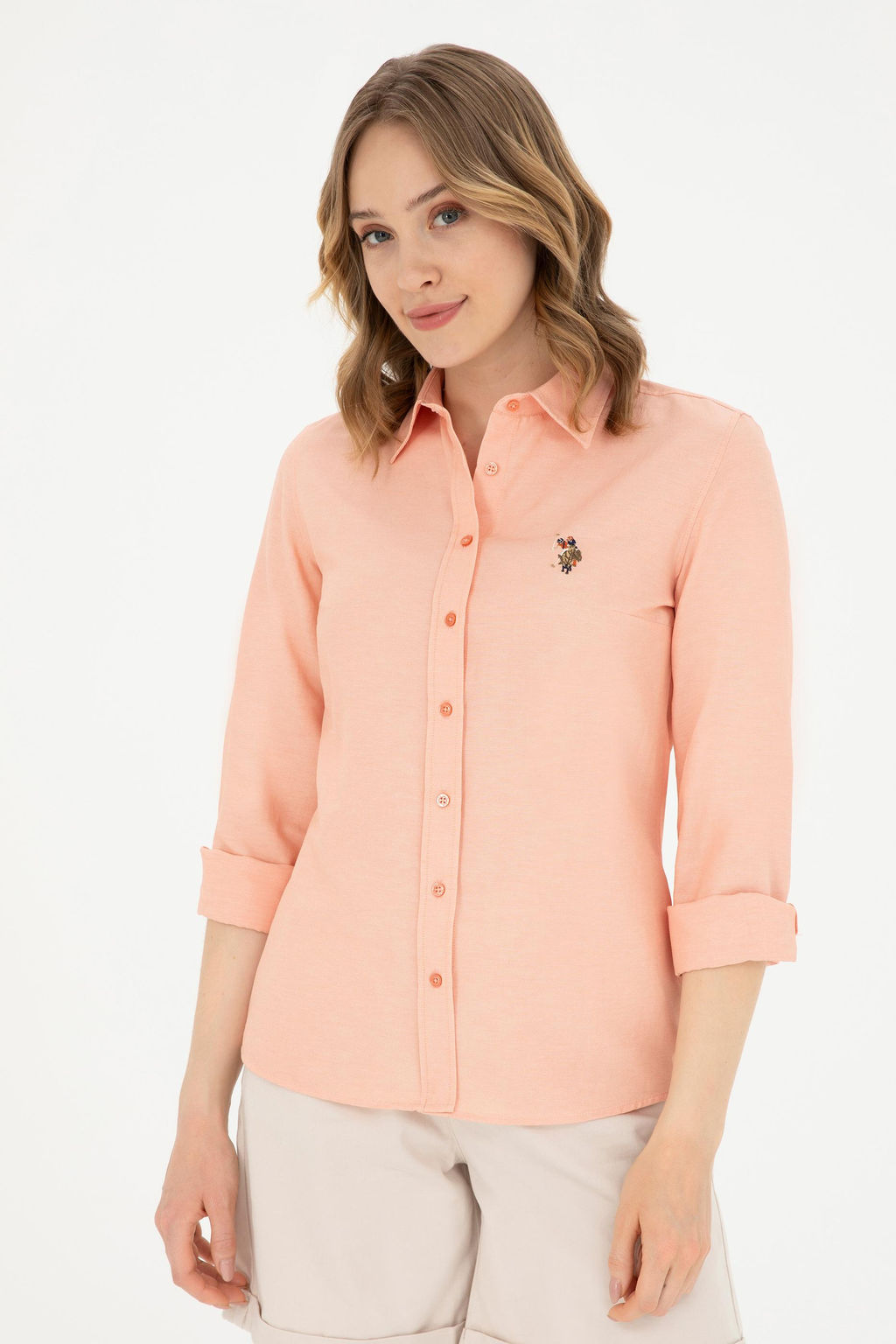Женская базовая рубашка лососевого цвета с длинным рукавом - U.s. polo assn фото 3