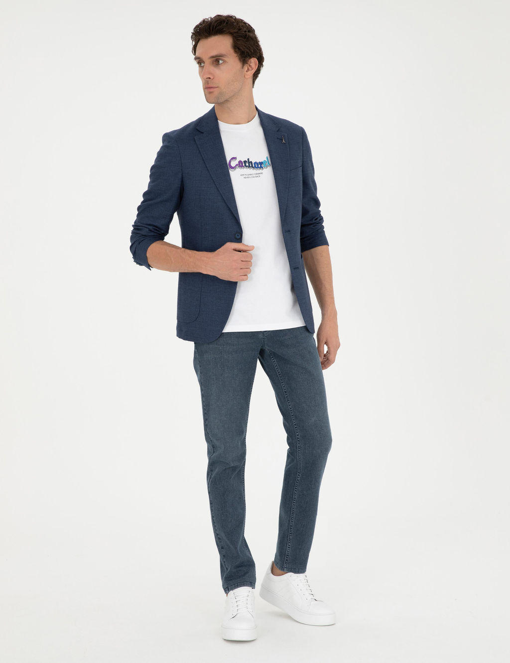 Lacivert Slim Fit Keten Kar___ml_ Spor Ceket