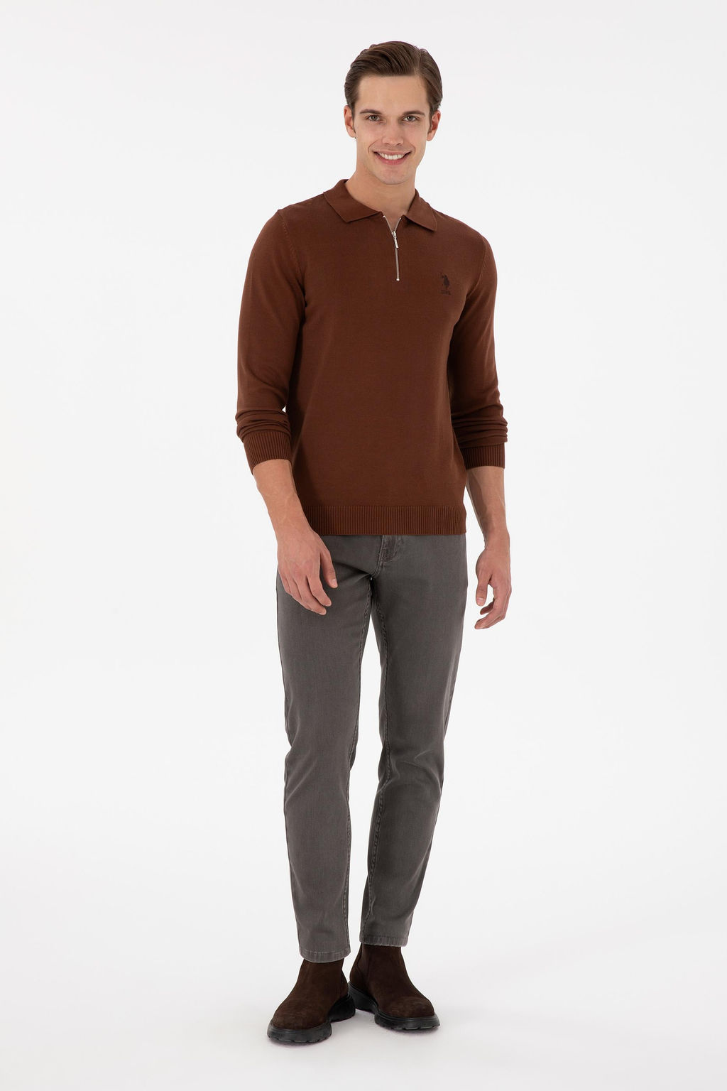Erkek Slim Fit Yarm Fermuarl Kahverengi Basic Kazak - U.s. polo assn фото 4
