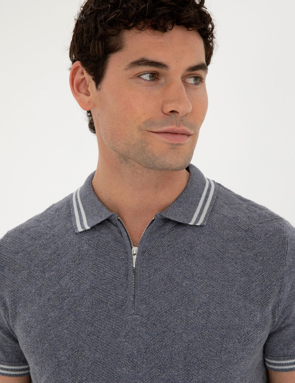 _ndigo Slim Fit Fermuarl_ Polo Yaka Keten Kar___ml_ Triko Ti__rt