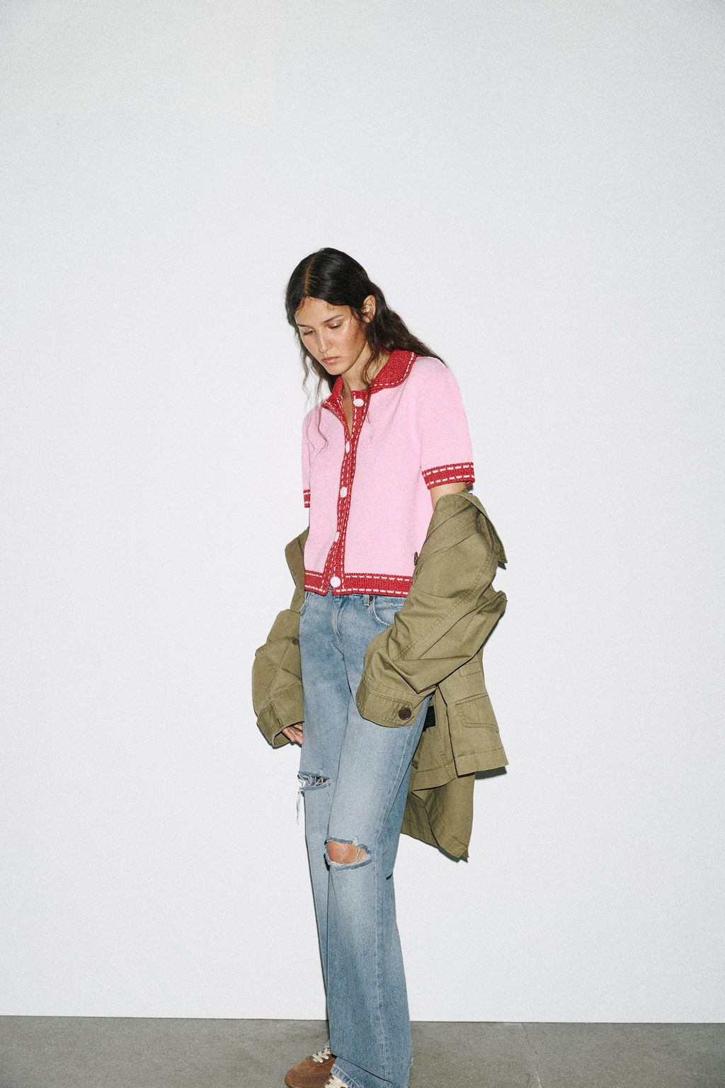 STITCHED KNIT CARDIGAN WITH SHORT SLEEVES