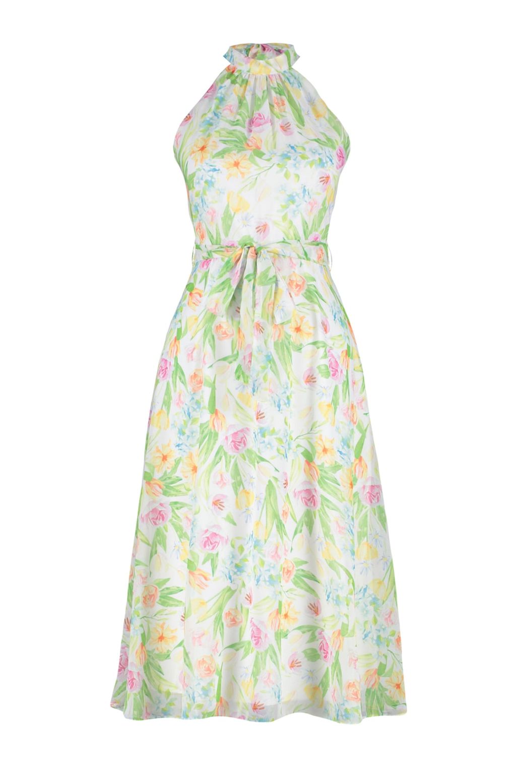 TRENDYOLMILLA Ekru Cicek Desenli Kusakl? A Kesim Halter Yaka Kolsuz Midi Astarl? Dokuma Elbise TWOSS20EL2536  фото 18