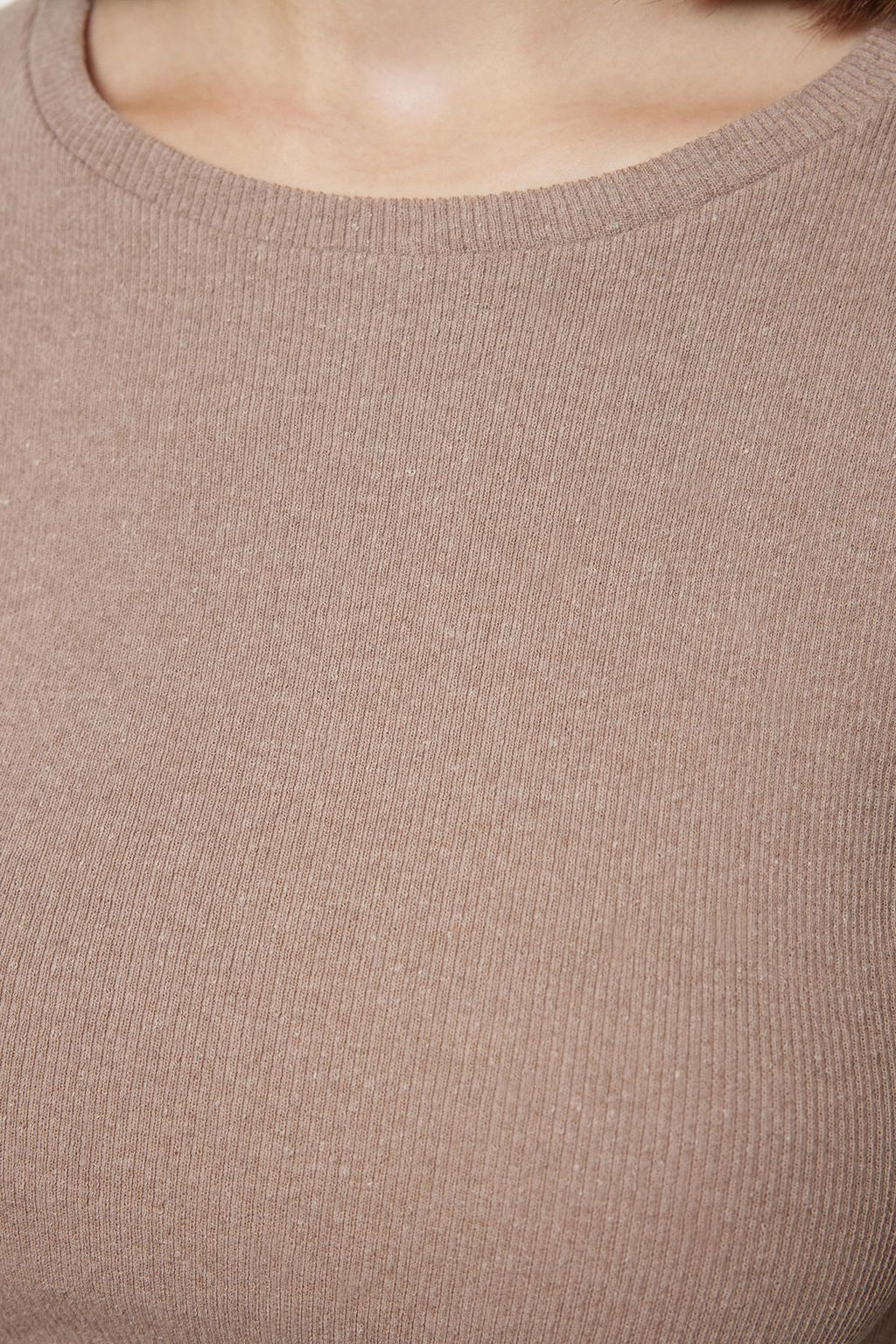 Kahverengi-Bej 2li Paket Vucuda Oturan Bisiklet Yaka Fitilli Crop Esnek Orme Bluz TWOAW22BZ0331