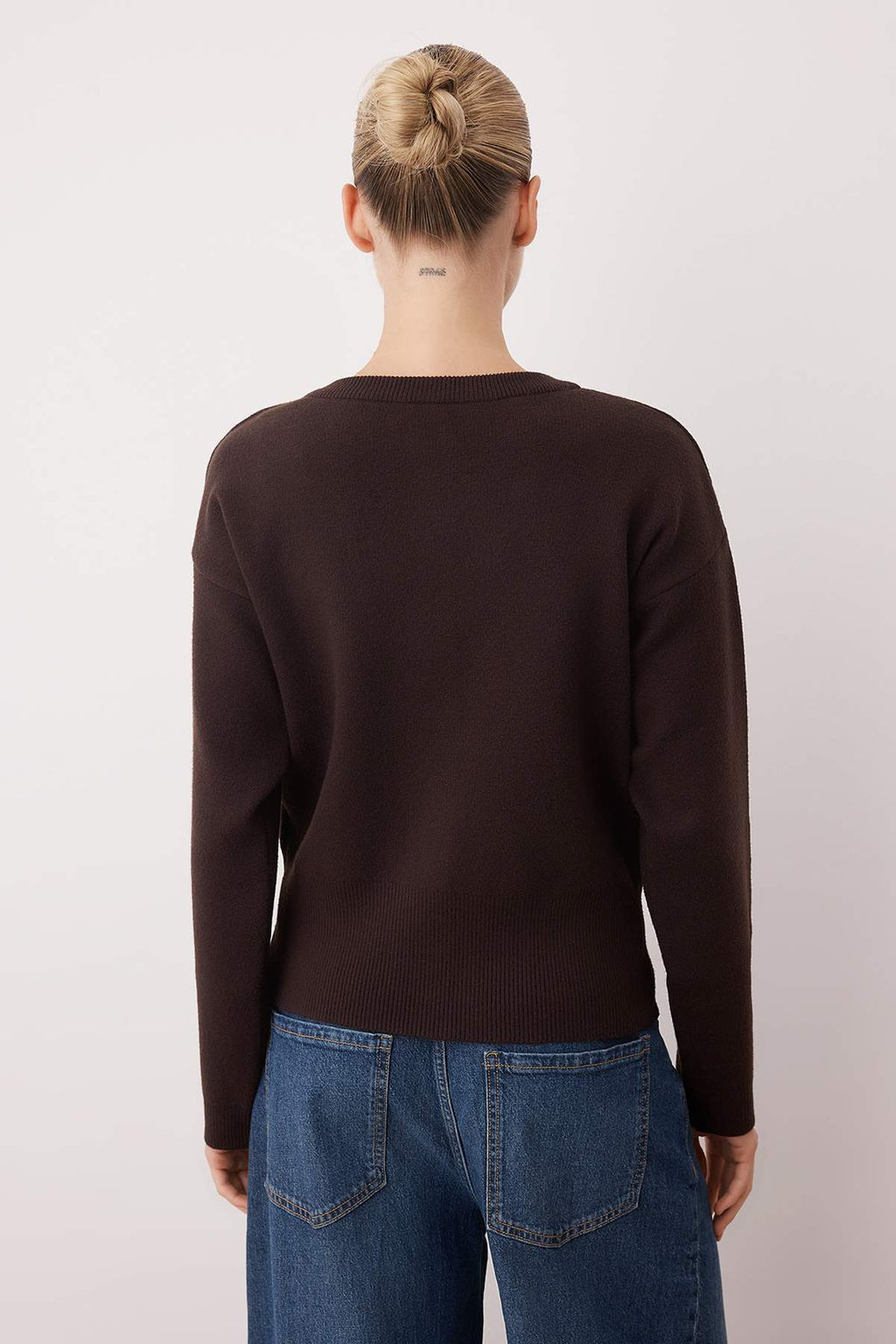 Kahverengi 2li Premium Iplik/Ozel Iplik Bisiklet Yaka Basic Triko H?rka-Bluz Tak?m TWOAW26HI00124