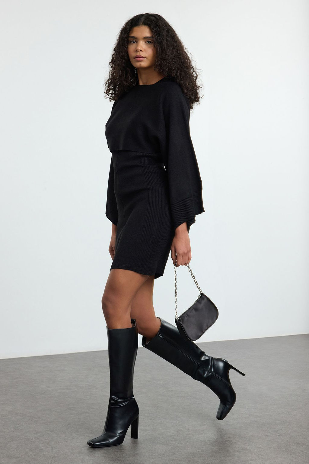 Siyah Mini Triko Bolero-Elbise Tak?m TWOAW25EL00056