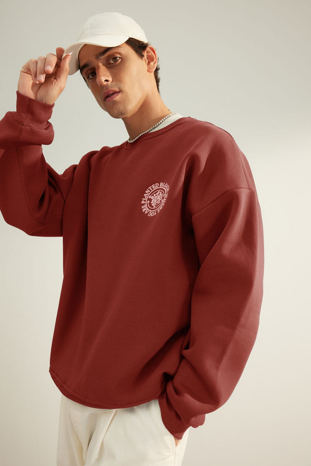 TRENDYOL MAN Kahverengi Oversize/Genis Kesim Cicek Nak?s Ici Polar/S?cak Tutan Pamuk Sweatshirt TMNAW24SW00012 - Trendyolmilla фото 2
