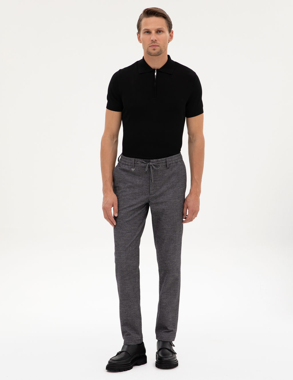 Siyah Slim Fit Fermuarl_ Polo Yaka Triko Kazak