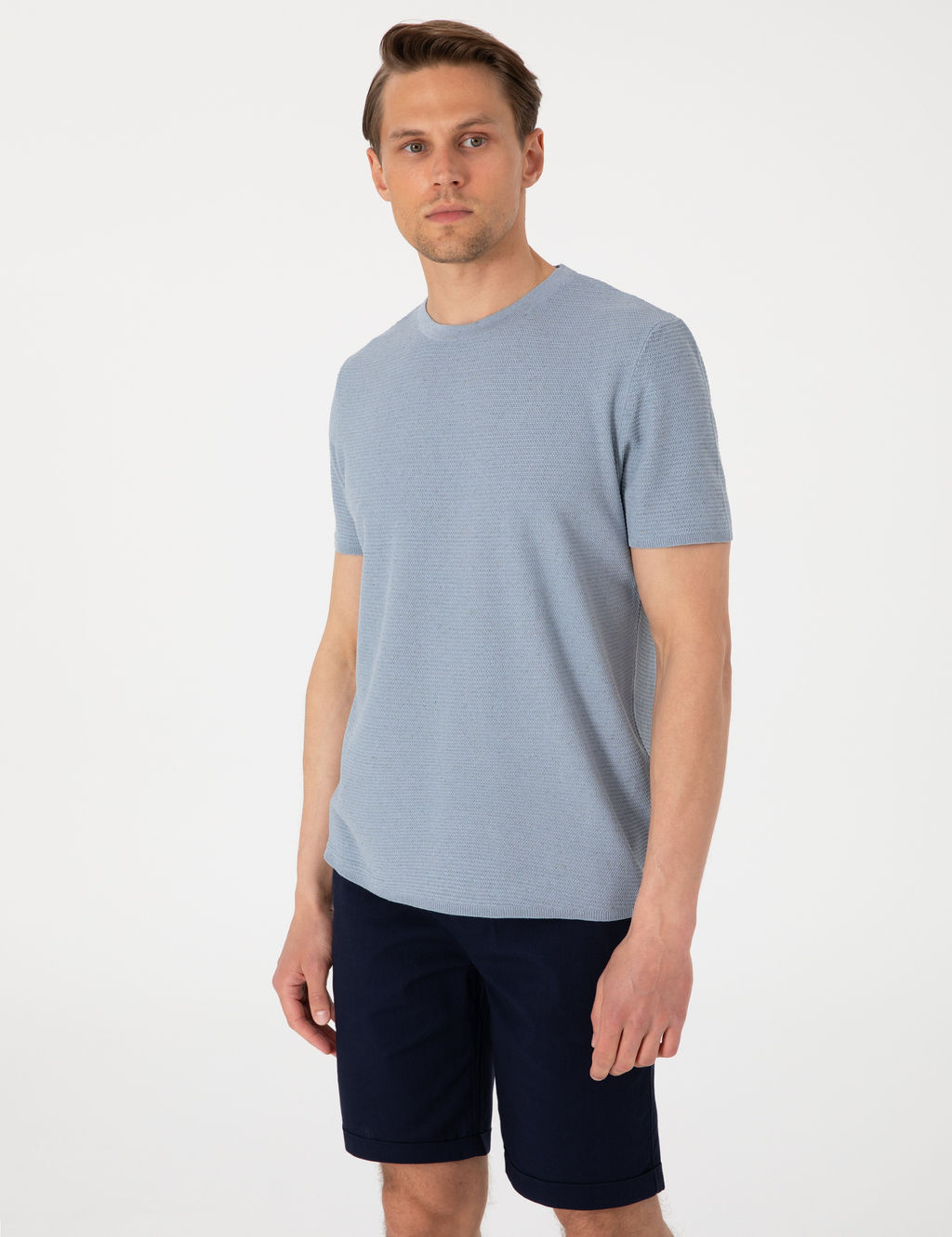 Mavi Slim Fit Keten Kar___ml_ Bisiklet Yaka Triko Ti__rt