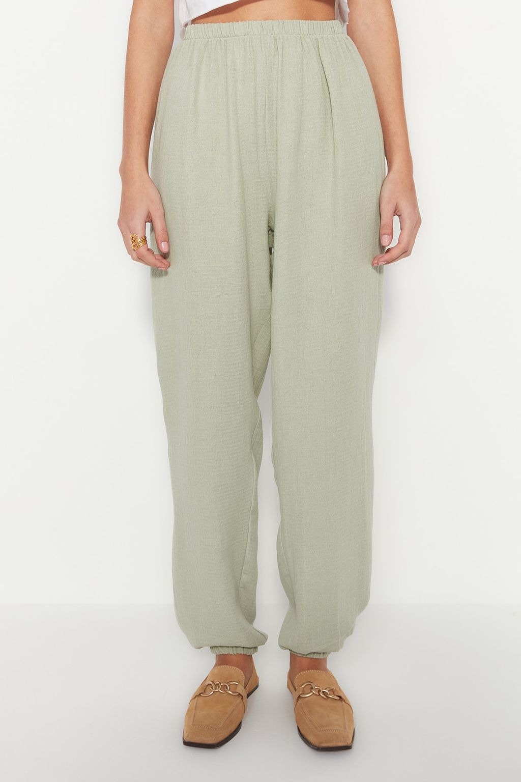 Haki Jogger Dokuma Muslin Dokuma Pantolon TWOSS23PL00148