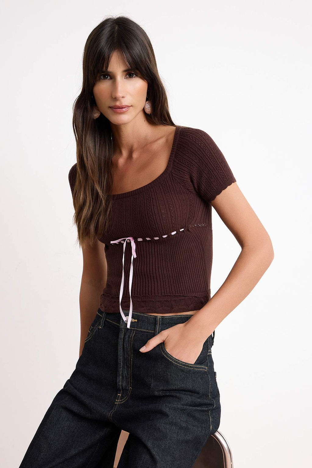 Trendyolmilla Ekru Premium Iplik/Ozel Iplik Kurdele Detayl? Kare Yaka Triko Bluz TWOSS25BZ00182  фото 12