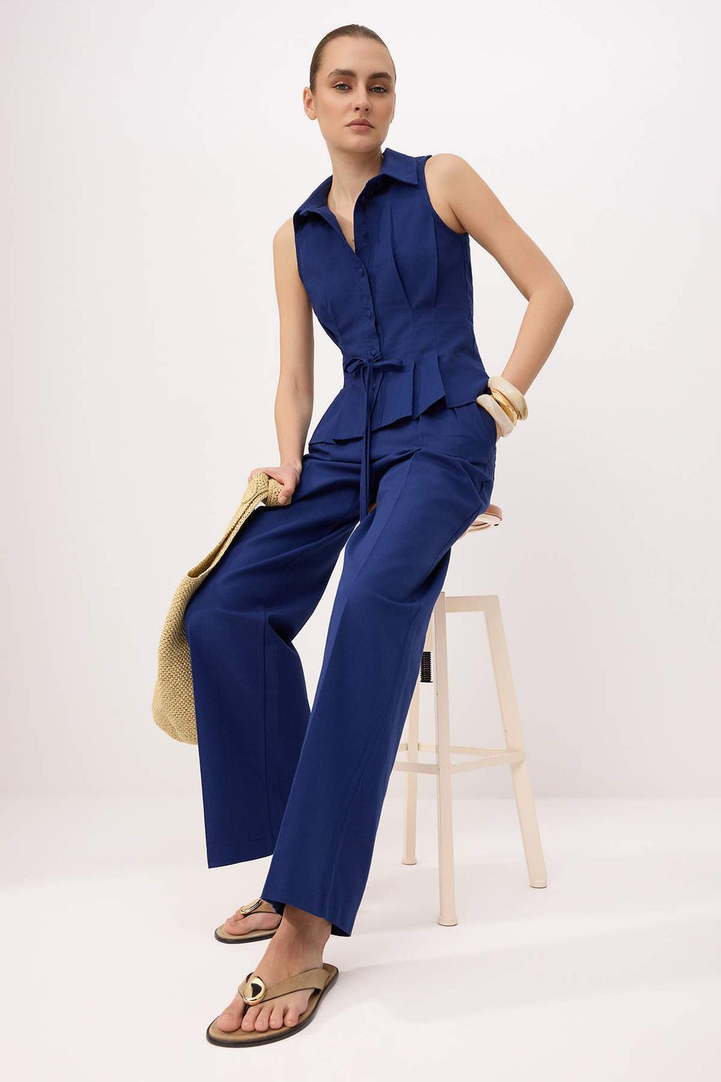 Lacivert Keten Gorunumlu Yelek Pantolon Dokuma Alt - Ust Tak?m TWOSS26AU00104 - Trendyolmilla фото 3