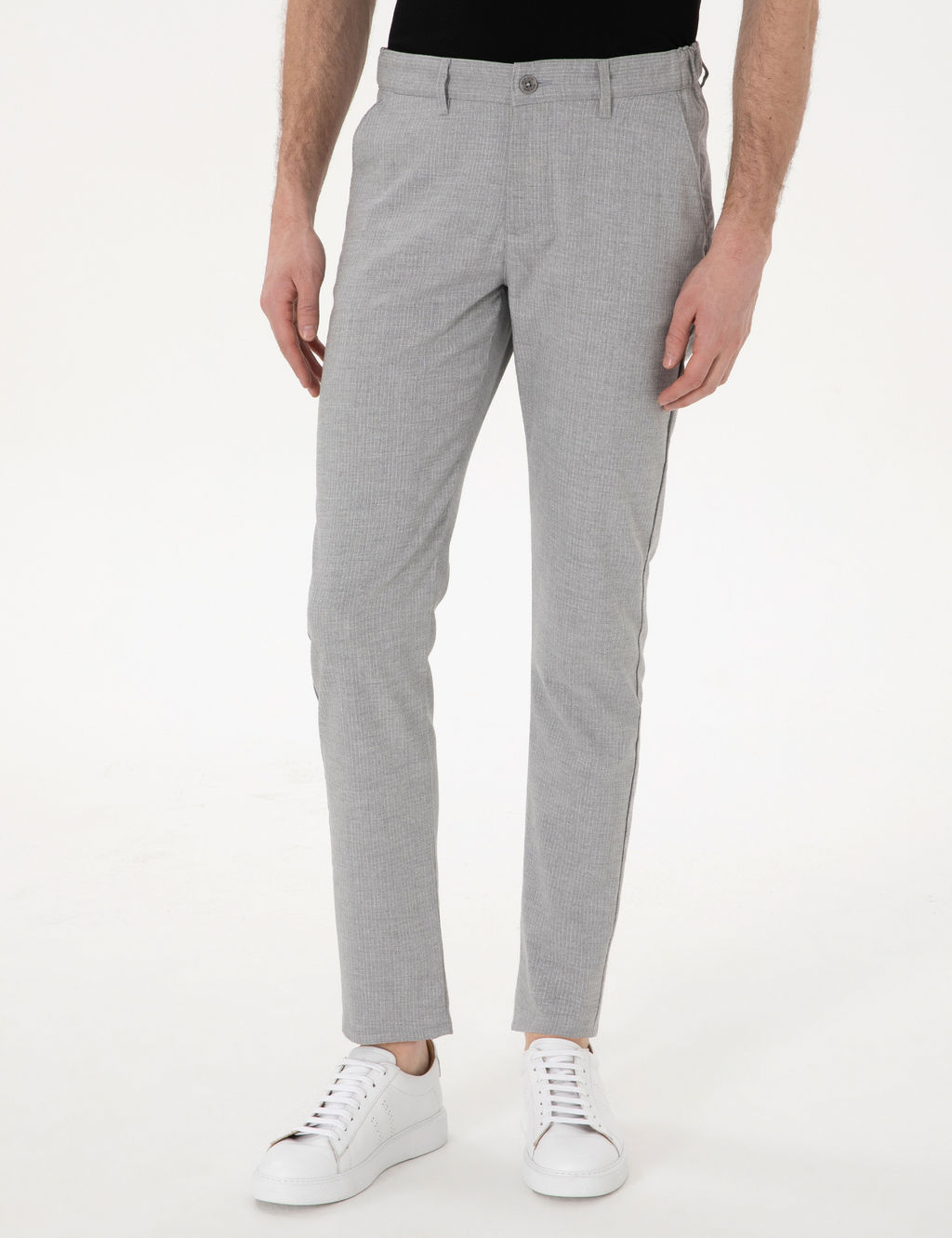 Gri Slim Fit Beli Lastikli _izgili Kanvas Pantolon