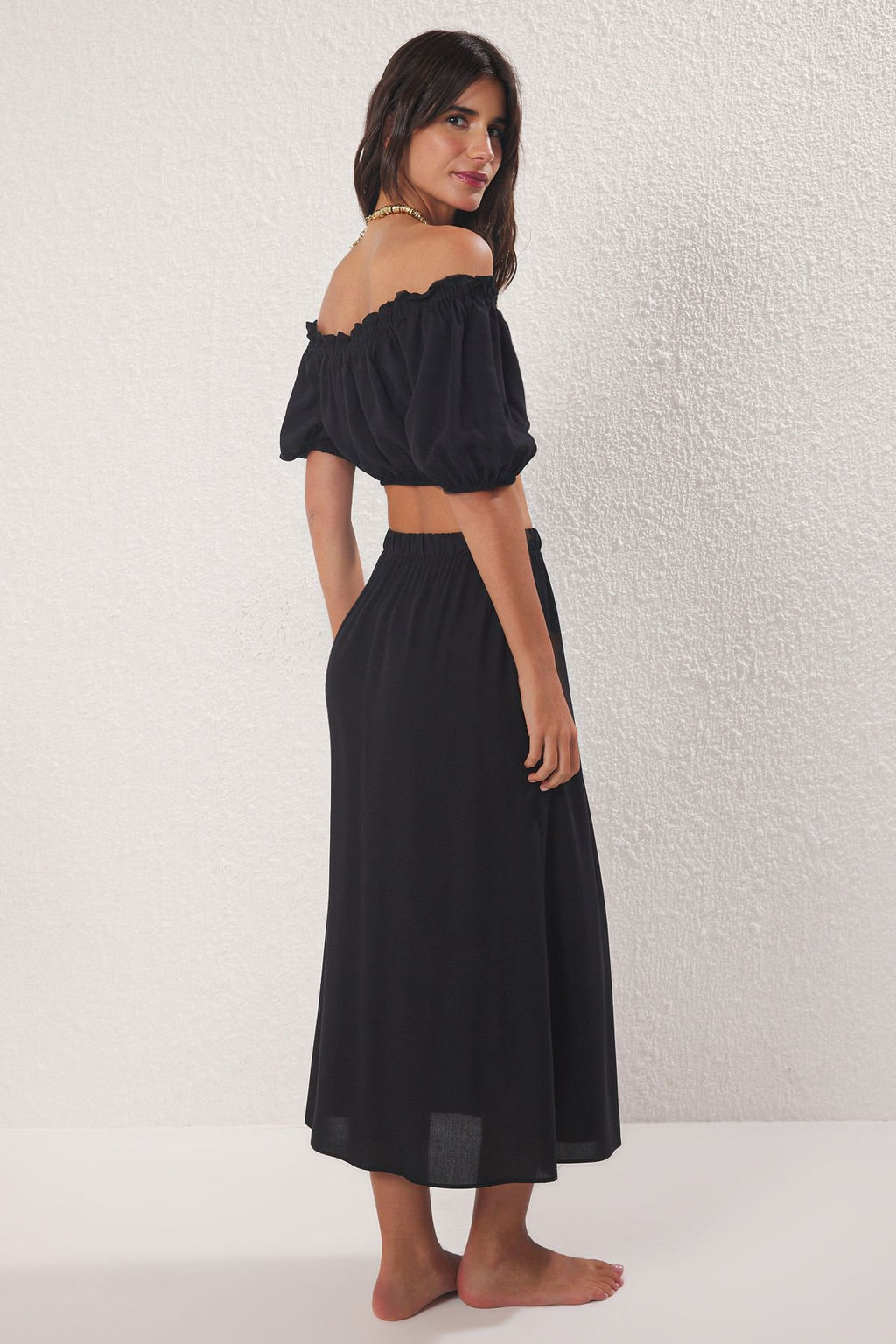 Plaj Giyim Siyah Dokuma Midi Yuksek Bel Bluz-Etek Tak?m TBESS25AU00080 - Trendyolmilla фото 4